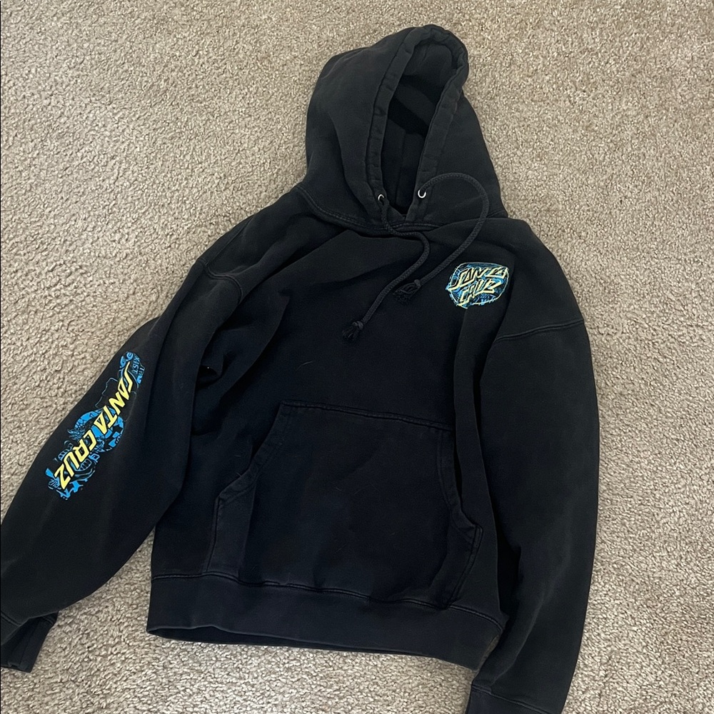 Santa Cruz Skateboards Black Hoodie with Blue and Yellow Logo men’s Large